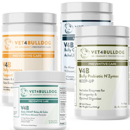 Containers displaying Vet4Bulldog supplements for canine digestive health.