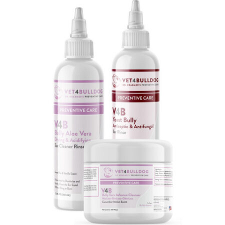 Three VET4BULLDOG ear care products on white background.