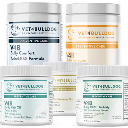 Containers of Vet4Bulldog supplements arranged together, labeling visible.