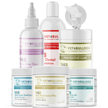 Various bulldog care products displayed, labeled "VET4BULLDOG Preventive Care."