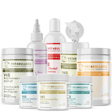 Various Vet4Bulldog preventive care products arranged together.