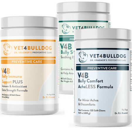 Three Vet4Bulldog supplement containers with preventive care labels.