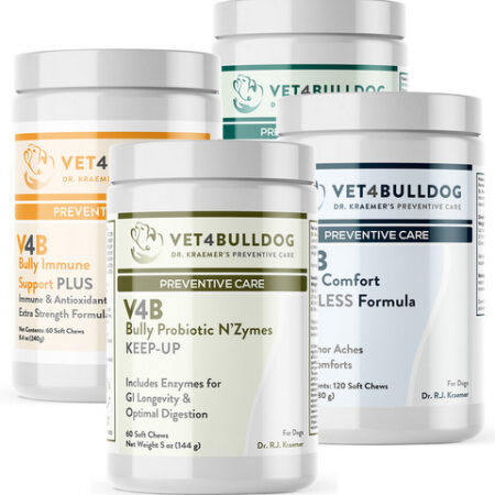 Four Vet4Bulldog supplement containers; preventive care products featured.