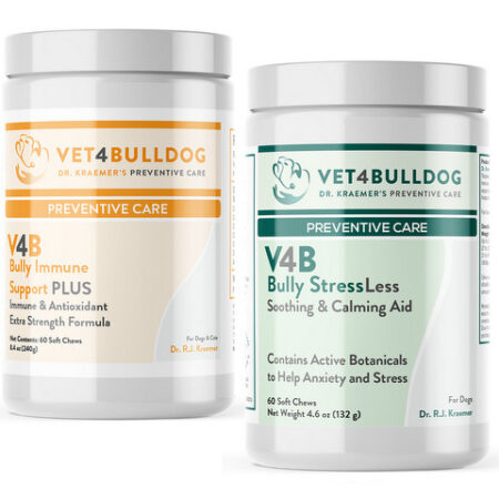 Two containers labeled "VET4BULLDOG" with dog supplements.
